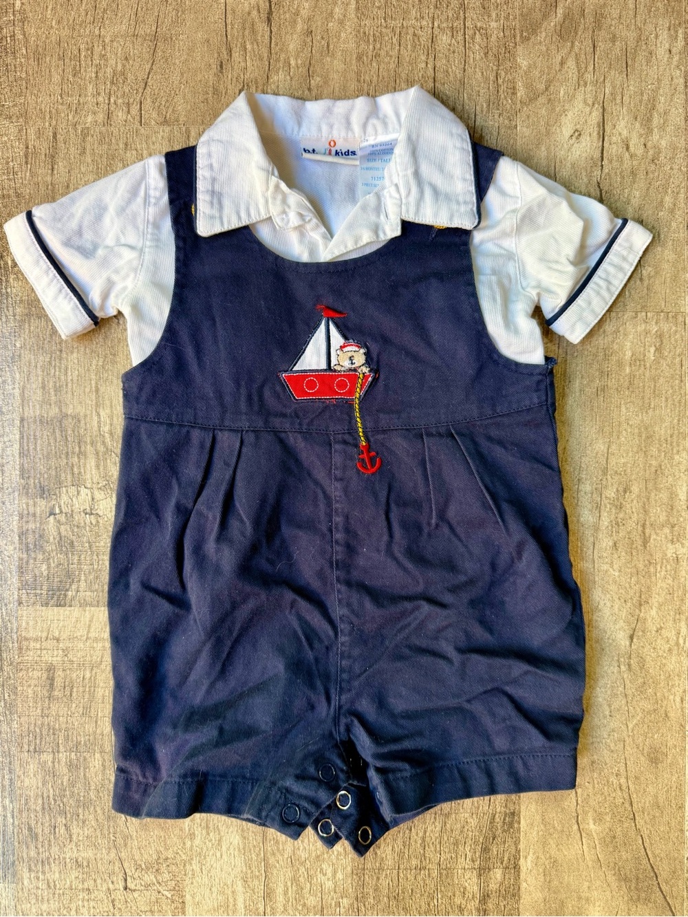 Vintage BT Kids Navy Blue Sailboat Bear Romper One Piece White Collar